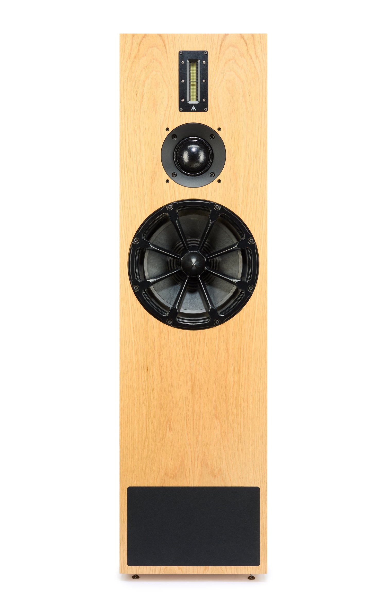 Kerr K100 mk.2 in oak veneer head-on: ribbon tweeter, dome midrange and the 310mm Radial woofer
