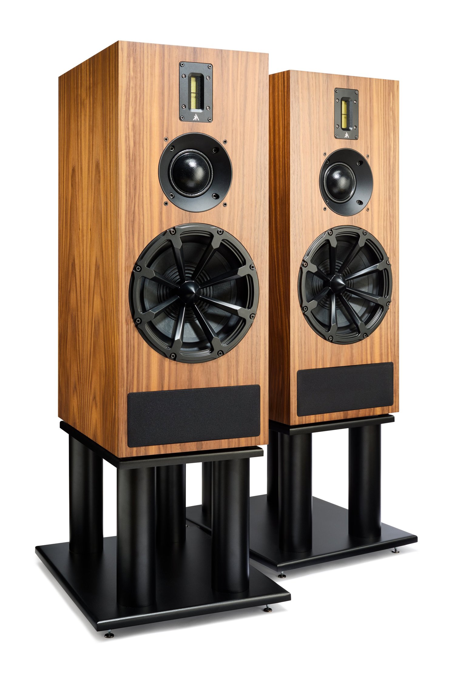 A pair of Kerr K200 in walnut veneer on their matching stands, three-quarter view