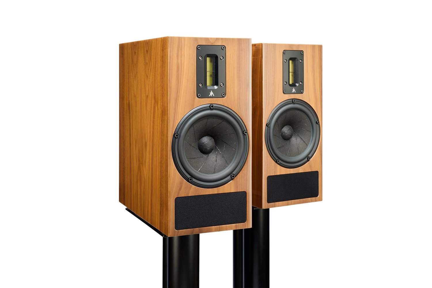 A pair of Kerr K300 mk.3 in oak veneer on stands, three-quarter view