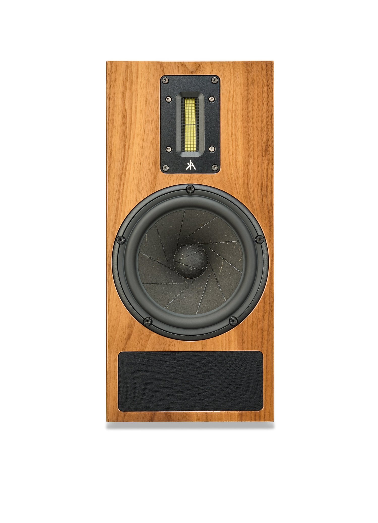 Kerr K300 mk.3 head-on: the ribbon tweeter above the 180mm sliced wood-fibre cone, transmission line venting at the foot of the baffle