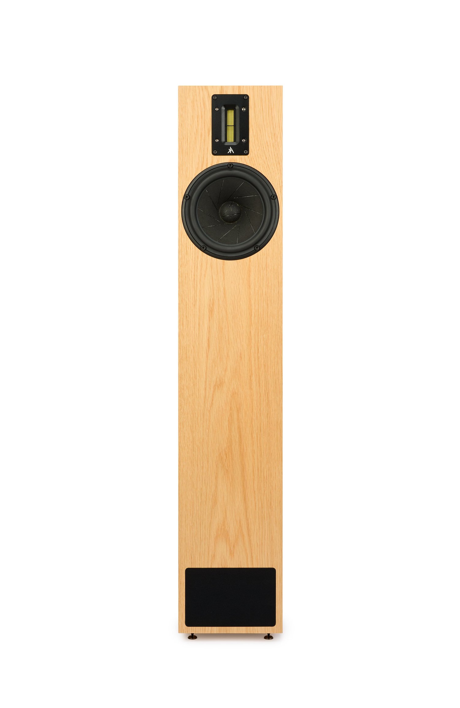 Kerr K320 mk.3 in oak veneer head-on, the full height of the floorstanding cabinet