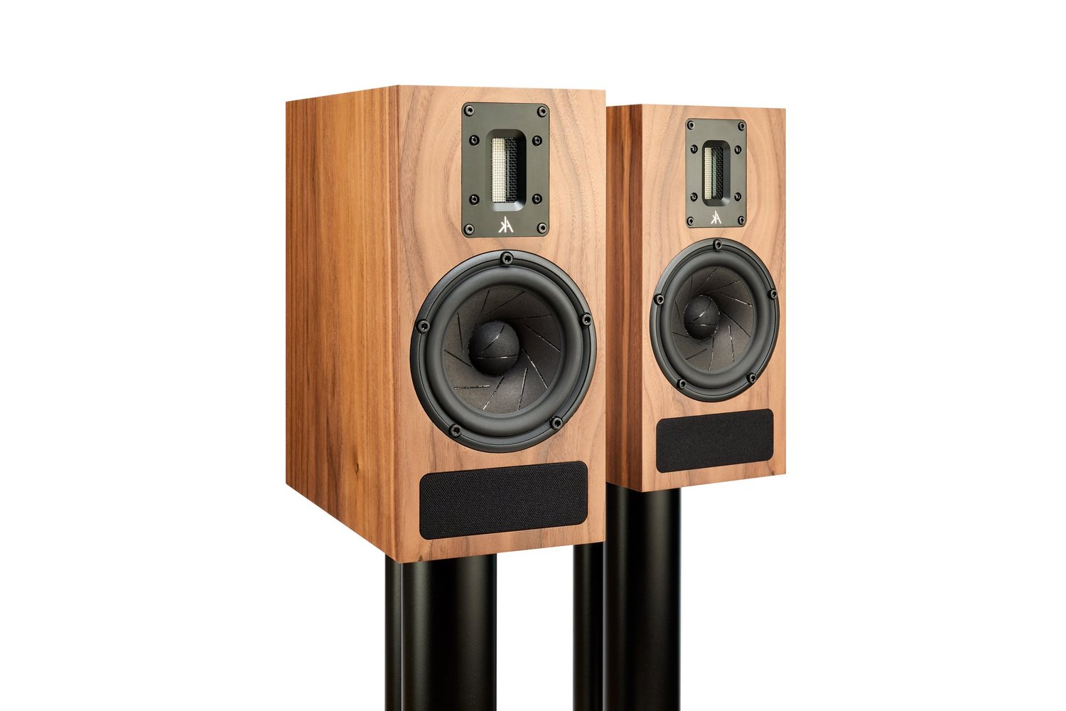 A pair of Kerr K400 in walnut veneer on stands, three-quarter view