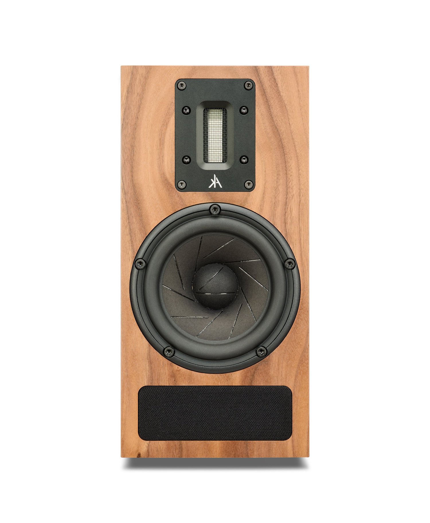 Kerr K400 head-on: the 45mm ribbon tweeter above the 150mm sliced wood-fibre cone