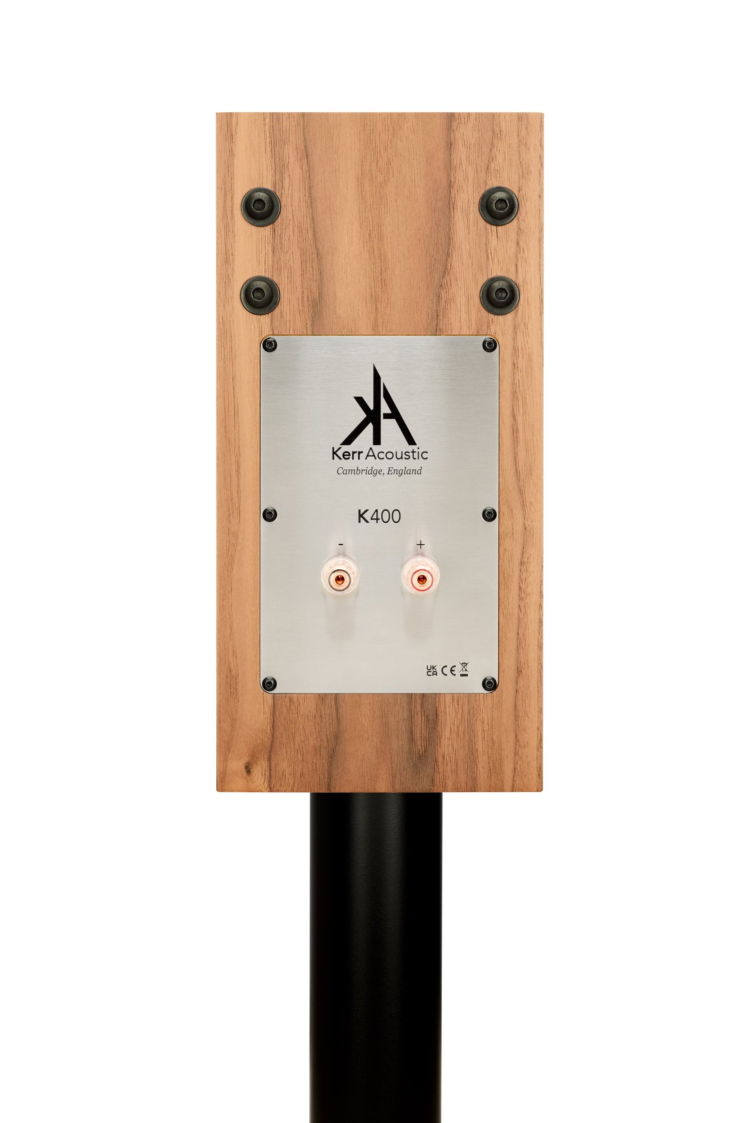 Rear of the Kerr K400: the four M8 threaded inserts for wall or ceiling mounting, above the terminal plate